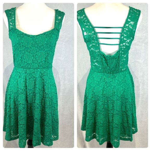 Emerald green lace open ladder back dress size large - Picture 1 of 6